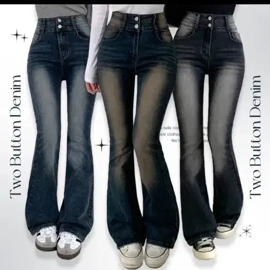 [BUNJANG] Joyjoy Two-Button High-Waist Bootcut Denim Jeans / 조이조이 투버튼 하이웨스트 부츠컷 데님 딥블루 롱s