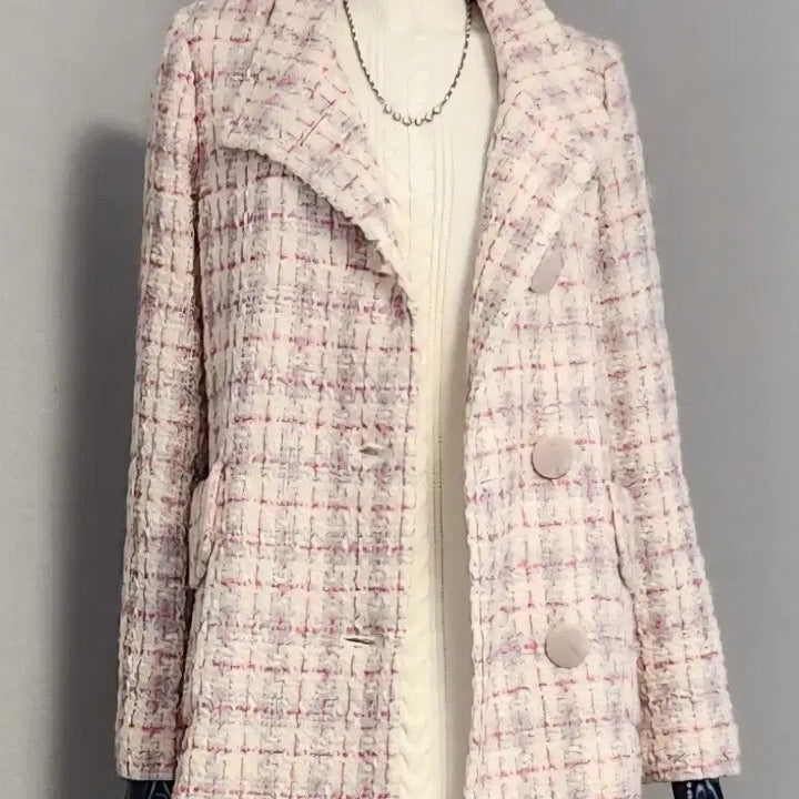 [BUNJANG] Pink Check Tweed Long Jacket / 핑크체크 트위드 롱자켓