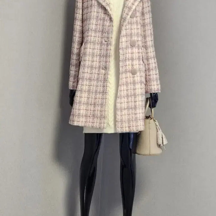 [BUNJANG] Pink Check Tweed Long Jacket / 핑크체크 트위드 롱자켓