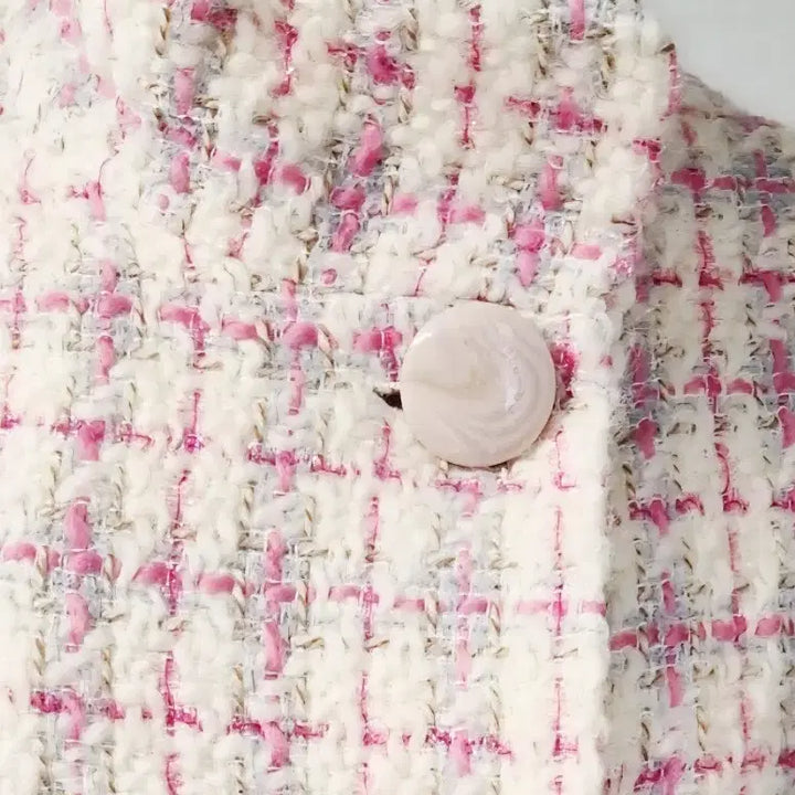 [BUNJANG] Pink Check Tweed Long Jacket / 핑크체크 트위드 롱자켓