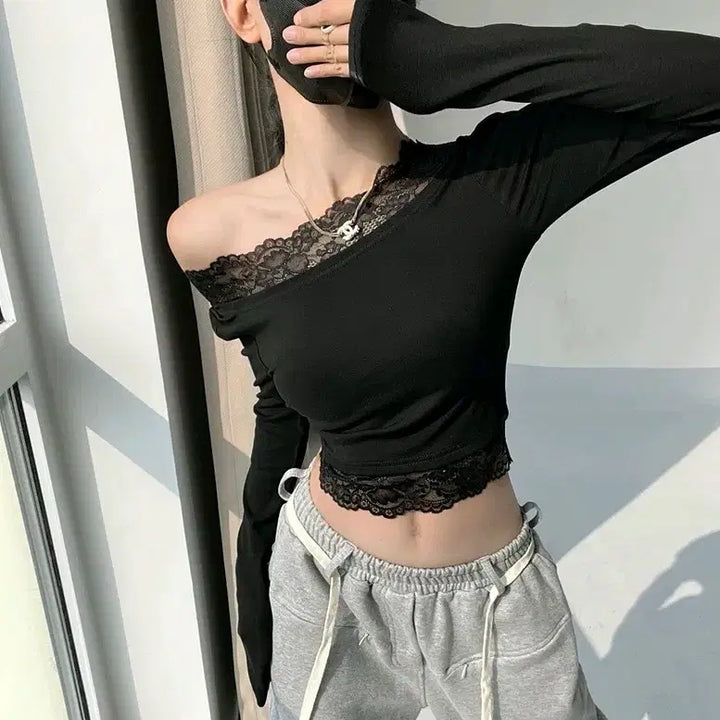 [BUNJANG] Off-the-Shoulder Lace Blouse / [2컬러] 레이스티셔츠 오프숄더티셔츠 오프숄더 레이스 블라우스 어깨트임