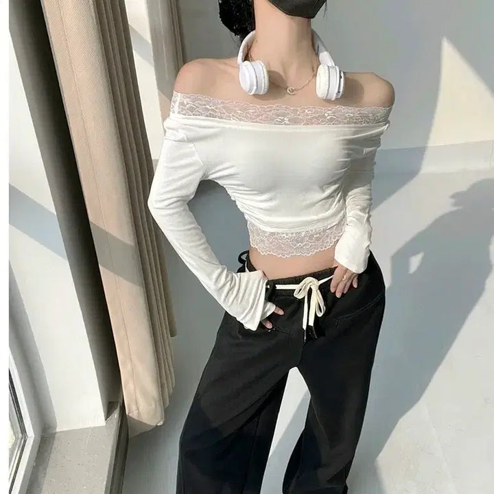 [BUNJANG] Off-the-Shoulder Lace Blouse / [2컬러] 레이스티셔츠 오프숄더티셔츠 오프숄더 레이스 블라우스 어깨트임