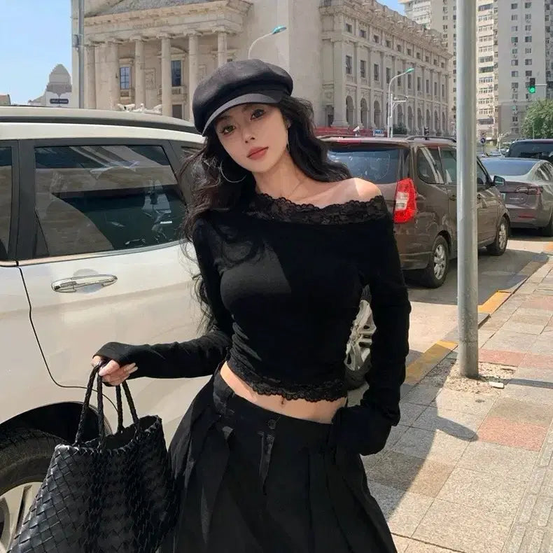 [BUNJANG] Off-the-Shoulder Lace Blouse / [2컬러] 레이스티셔츠 오프숄더티셔츠 오프숄더 레이스 블라우스 어깨트임