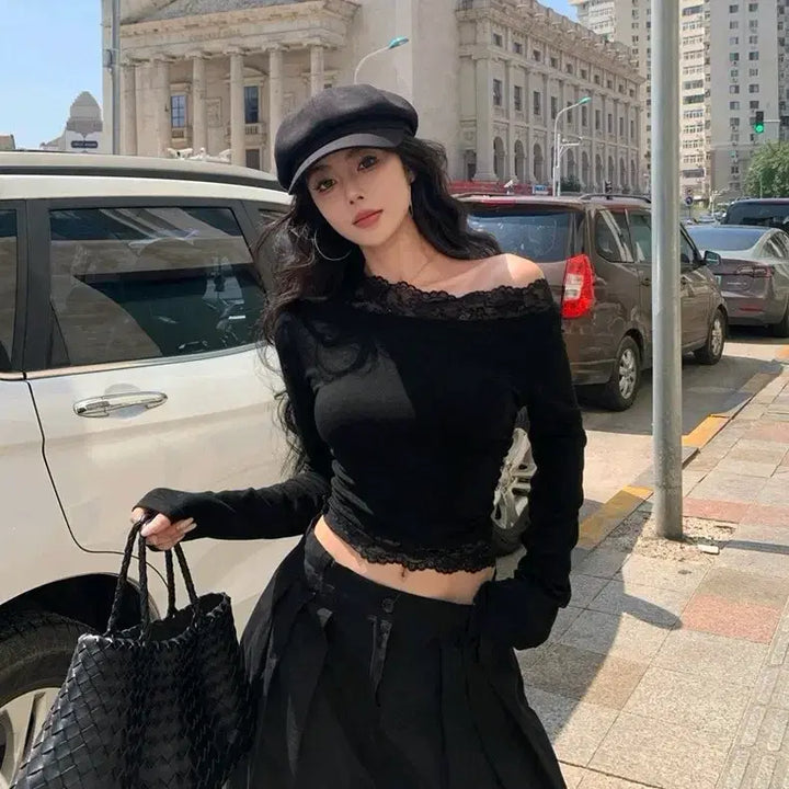 [BUNJANG] Off-the-Shoulder Lace Blouse / [2컬러] 레이스티셔츠 오프숄더티셔츠 오프숄더 레이스 블라우스 어깨트임