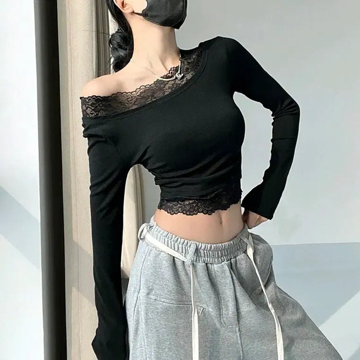 [BUNJANG] Off-the-Shoulder Lace Blouse / [2컬러] 레이스티셔츠 오프숄더티셔츠 오프숄더 레이스 블라우스 어깨트임