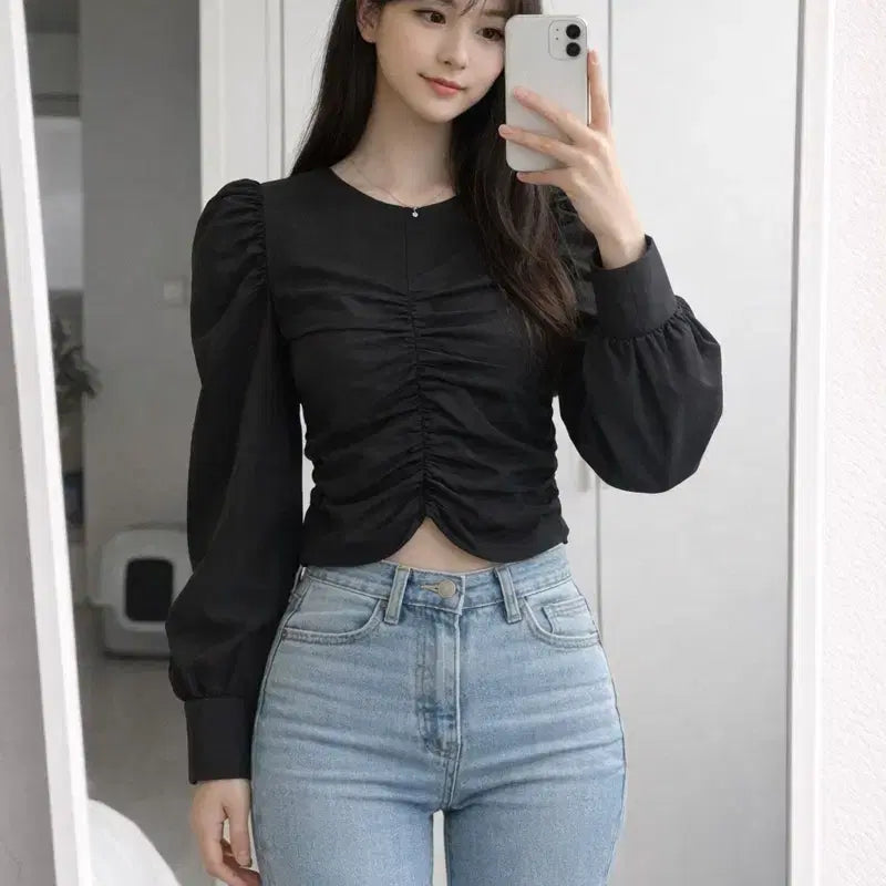 [BUNJANG] BLOOD MOOD Shirred Puff Blouse / BLOOD MOOD 셔링 퍼프 블라우스 블랙 크롭 블라우스/하객룩