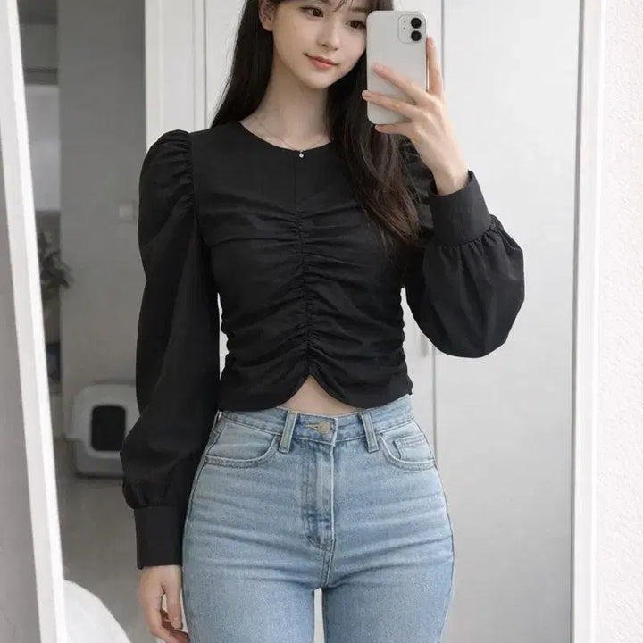 [BUNJANG] BLOOD MOOD Shirred Puff Blouse / BLOOD MOOD 셔링 퍼프 블라우스 블랙 크롭 블라우스/하객룩