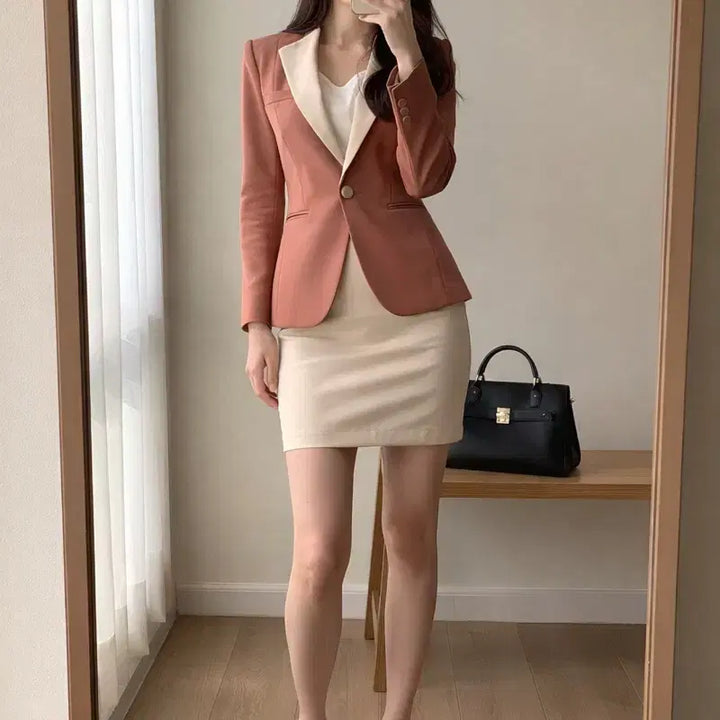 [BUNJANG] Bonnie Alex Beige and Pink Tailored Blazer / bonnie alex 배색 테일러드 자켓 55 베이지 핑크 정장자켓