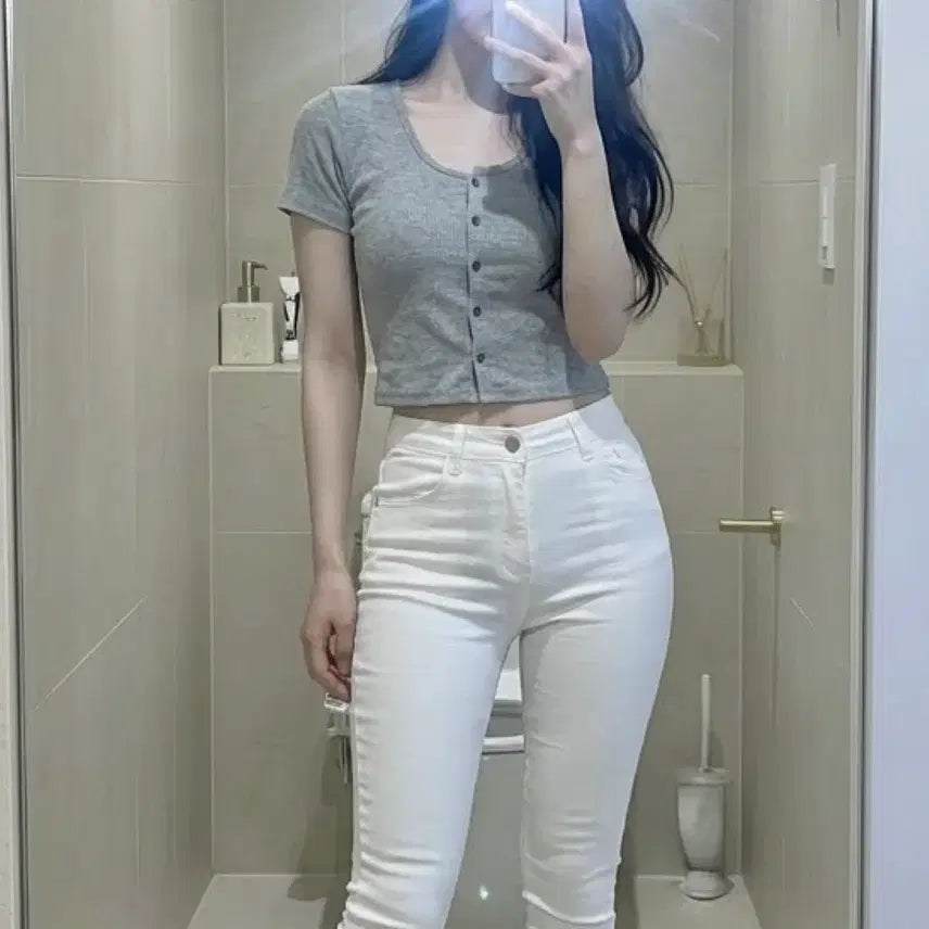 [BUNJANG] Avely Ribbed Button-Up Short Sleeve Top / 슬림 골지 버튼 반팔티 / 스판 데일리 티셔츠