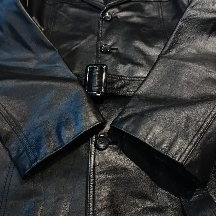 [BUNJANG] EMOTION Black Semi-Gloss Cowhide Leather Belted Leather Jacket / EMOTION 블랙 반광 절개 소가죽 카우레더 벨티드 레더자켓 가죽자켓