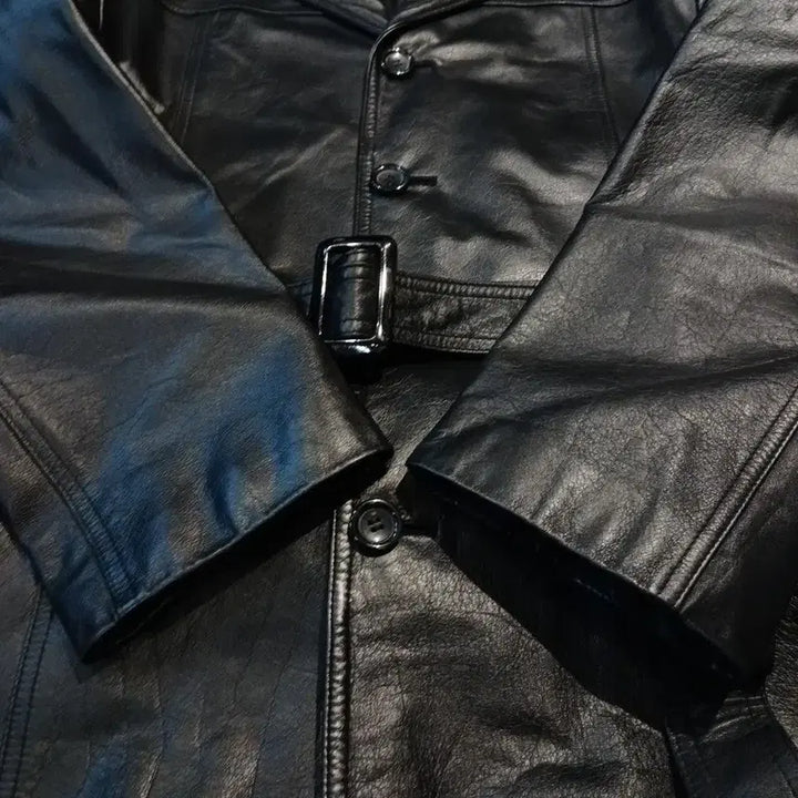 [BUNJANG] EMOTION Black Semi-Gloss Cowhide Leather Belted Leather Jacket / EMOTION 블랙 반광 절개 소가죽 카우레더 벨티드 레더자켓 가죽자켓