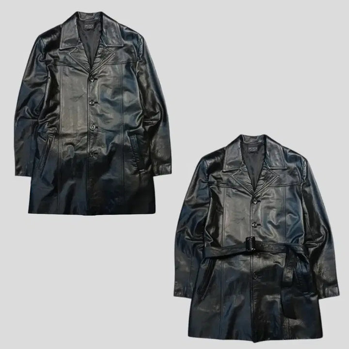 [BUNJANG] EMOTION Black Semi-Gloss Cowhide Leather Belted Leather Jacket / EMOTION 블랙 반광 절개 소가죽 카우레더 벨티드 레더자켓 가죽자켓