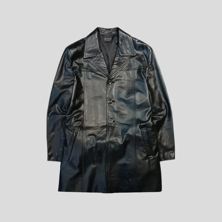 [BUNJANG] EMOTION Black Semi-Gloss Cowhide Leather Belted Leather Jacket / EMOTION 블랙 반광 절개 소가죽 카우레더 벨티드 레더자켓 가죽자켓