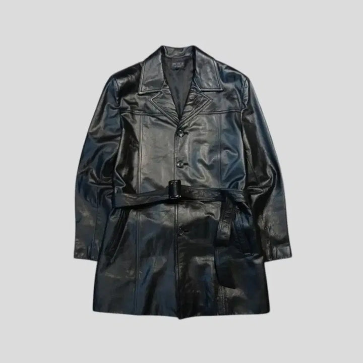[BUNJANG] EMOTION Black Semi-Gloss Cowhide Leather Belted Leather Jacket / EMOTION 블랙 반광 절개 소가죽 카우레더 벨티드 레더자켓 가죽자켓
