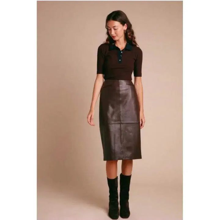 [BUNJANG] Rouje Midi Lambskin Leather Skirt / Rouje 루즈 미디 가죽스커트
