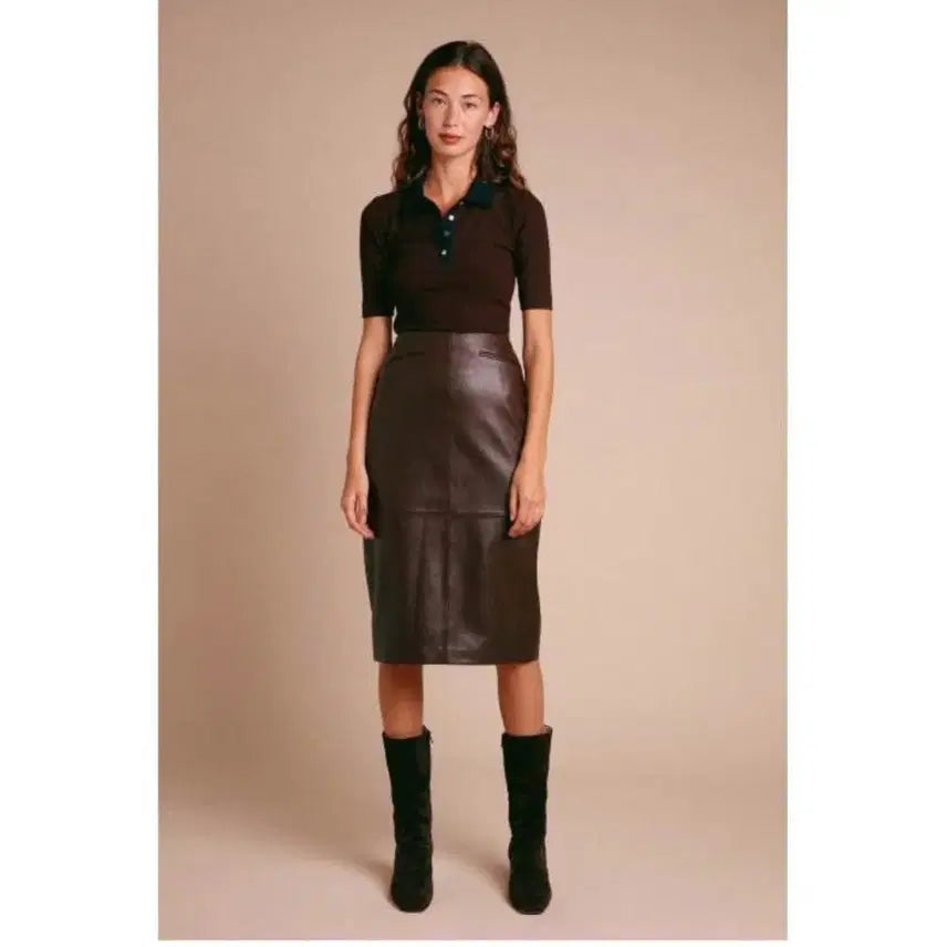 [BUNJANG] Rouje Midi Lambskin Leather Skirt / Rouje 루즈 미디 가죽스커트