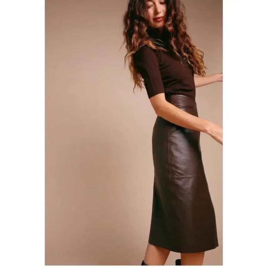 [BUNJANG] Rouje Midi Lambskin Leather Skirt / Rouje 루즈 미디 가죽스커트