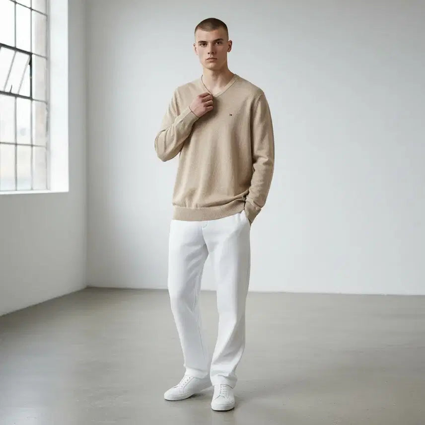 [BUNJANG] Tommy Hilfiger Beige Cotton V-Neck Knit Sweater / [XL] Tommy 타미힐피거 베이지 코튼 브이넥 니트
