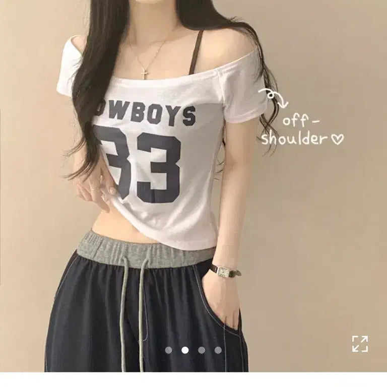 [BUNJANG] Cowboy Off-shoulder Crop T-shirt / 카우보이 넘버 오프숄더 크롭 반팔 티셔츠