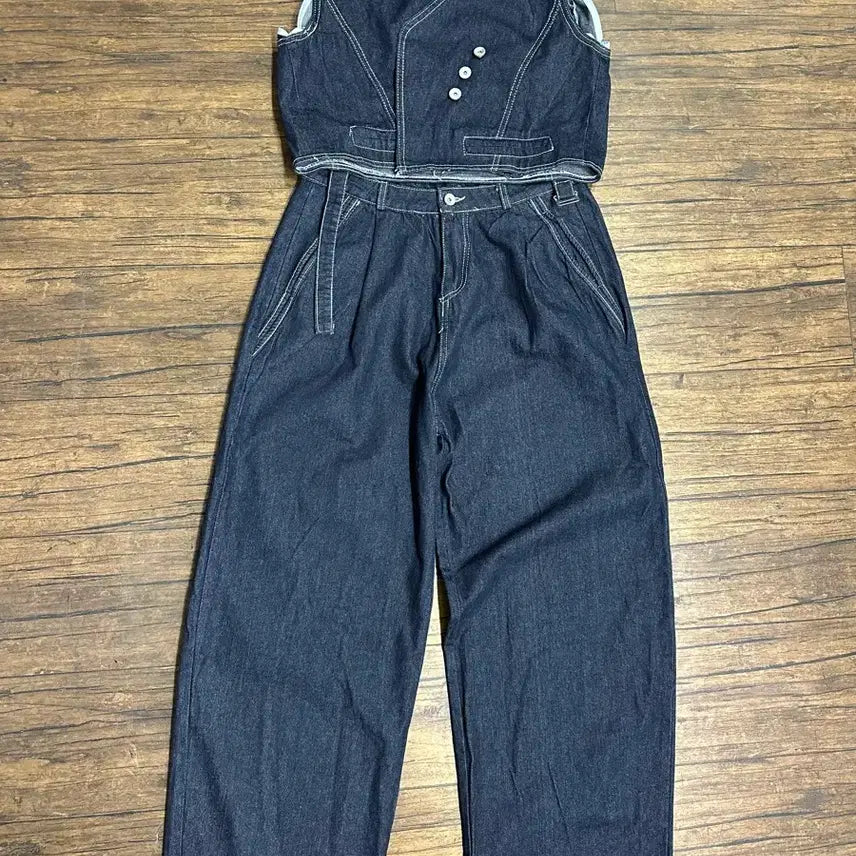 [BUNJANG] Denim Wide Pants &amp; Vest Set - New / 데님 와이드 팬츠 + 베스트 셋업  새거  바지30사이즈