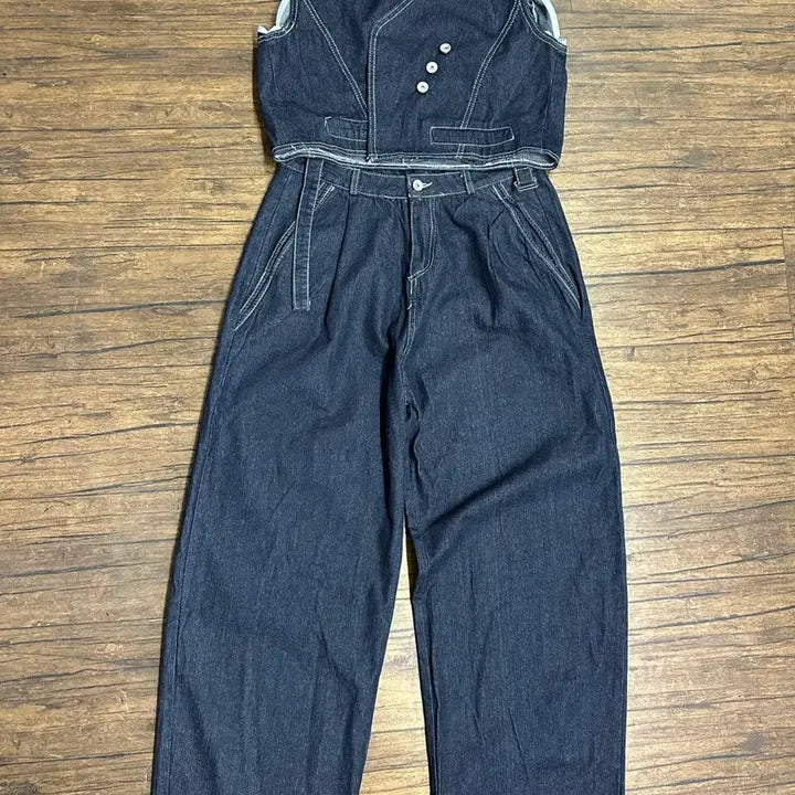 [BUNJANG] Denim Wide Pants &amp; Vest Set - New / 데님 와이드 팬츠 + 베스트 셋업  새거  바지30사이즈