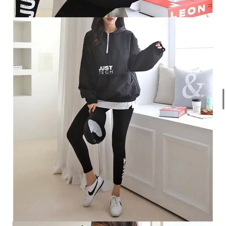 [BUNJANG] Black Anorak Windbreaker and Leggings Set / 새상품 여성 아노락 바람막이+레깅스 세트 블랙