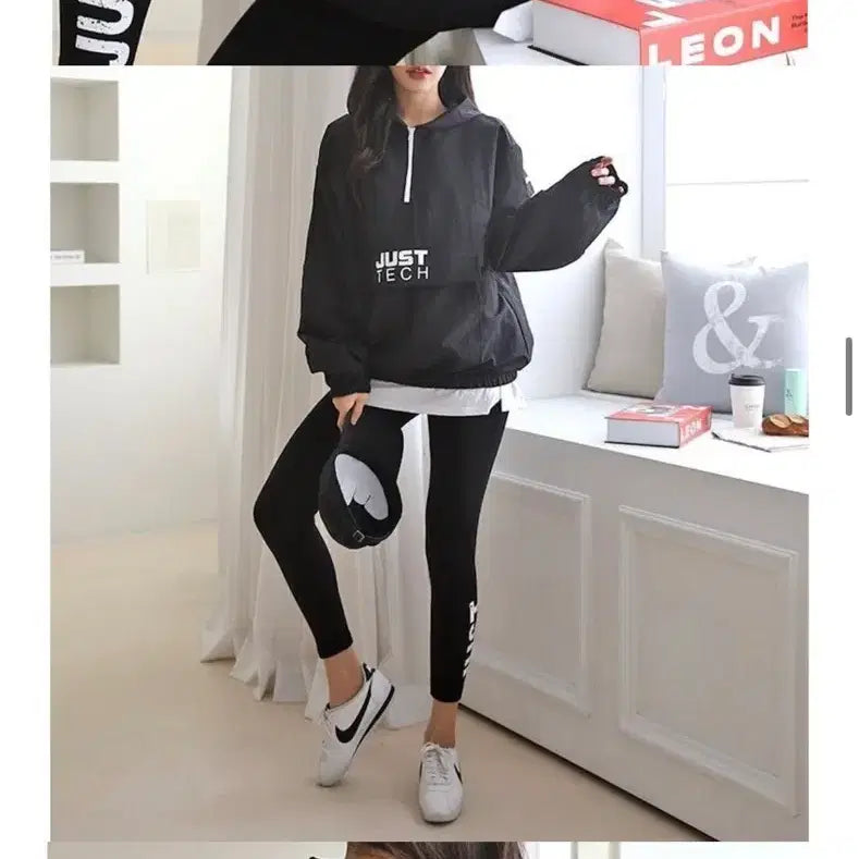[BUNJANG] Black Anorak Windbreaker and Leggings Set / 새상품 여성 아노락 바람막이+레깅스 세트 블랙