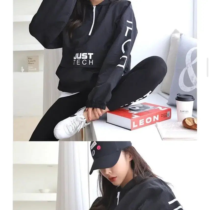 [BUNJANG] Black Anorak Windbreaker and Leggings Set / 새상품 여성 아노락 바람막이+레깅스 세트 블랙