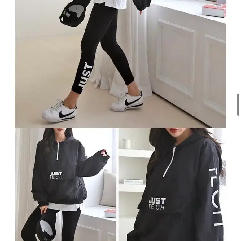 [BUNJANG] Black Anorak Windbreaker and Leggings Set / 새상품 여성 아노락 바람막이+레깅스 세트 블랙