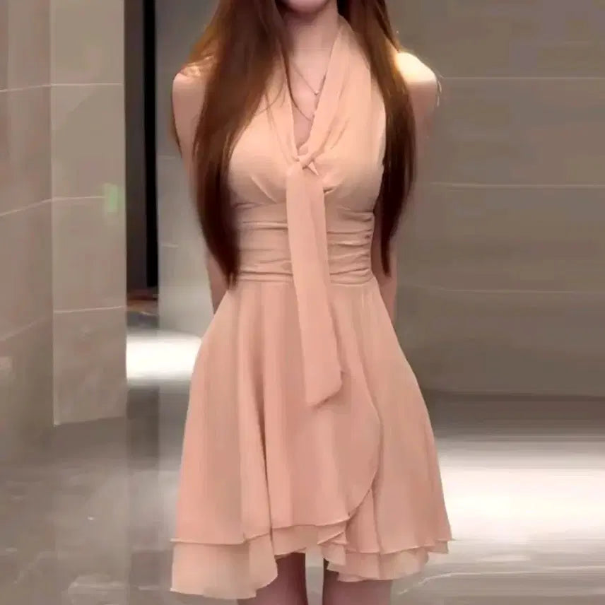 [BUNJANG] Chiffon Guest Dress with Ribbon Scarf / [새상품/*빠른발송*] 쉬폰 하객룩 리본 스카프 미니 쉬폰 원피스