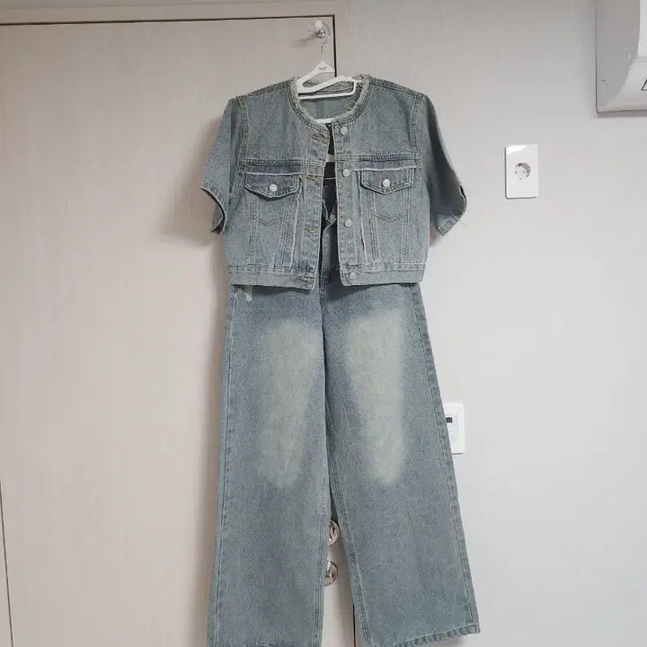 [BUNJANG] Denim Short Sleeve Jacket and Wide Pants Set / 청 데님 반팔 자켓 와이드 팬츠 세트