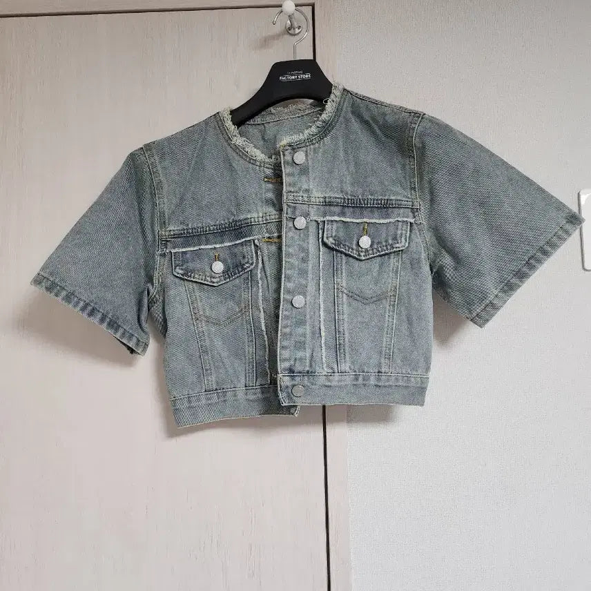 [BUNJANG] Denim Short Sleeve Jacket and Wide Pants Set / 청 데님 반팔 자켓 와이드 팬츠 세트