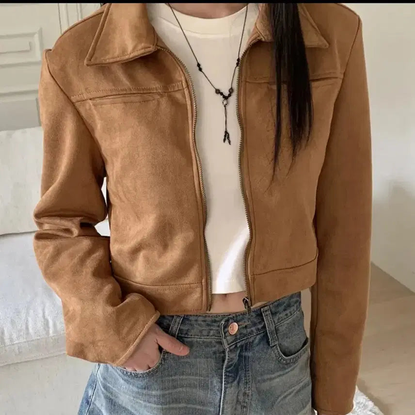 [BUNJANG] Wonder Wonder Suede Crop Jacket / 원더원더 스웨이드 크롭자켓 브라운