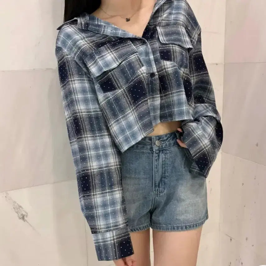 [BUNJANG] Cubic Check Crop Shirt / 큐빅 체크 크롭 셔츠 남방