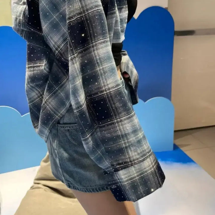 [BUNJANG] Cubic Check Crop Shirt / 큐빅 체크 크롭 셔츠 남방