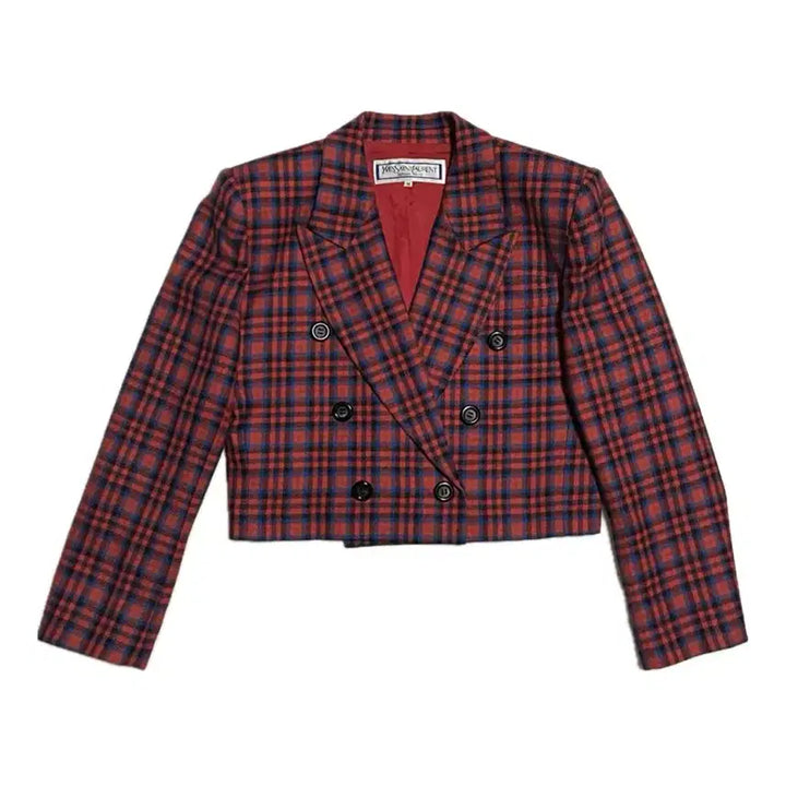[BUNJANG] Yves Saint Laurent Vintage Checkered Wool Blazer Jacket / 입생로랑 빈티지 체크 숏 울 블레이저 더블 자켓