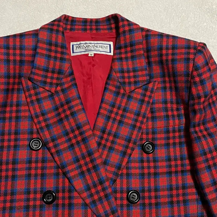 [BUNJANG] Yves Saint Laurent Vintage Checkered Wool Blazer Jacket / 입생로랑 빈티지 체크 숏 울 블레이저 더블 자켓