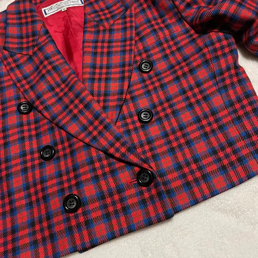 [BUNJANG] Yves Saint Laurent Vintage Checkered Wool Blazer Jacket / 입생로랑 빈티지 체크 숏 울 블레이저 더블 자켓