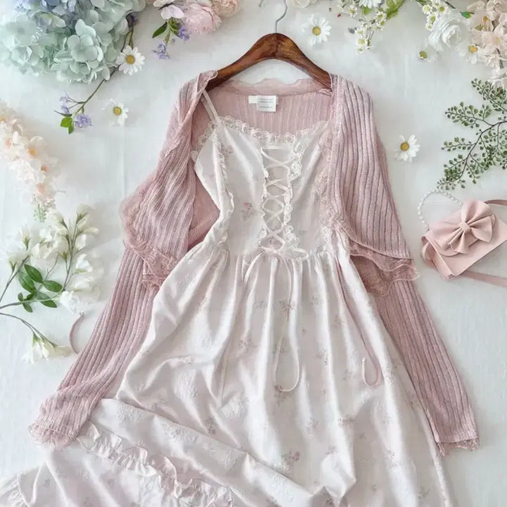 [BUNJANG] Pink Crochet Long Dress Cardigan Set / [세트 상품] 핑크 크로셋 롱원피스 가디건 세트