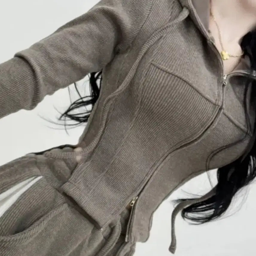 [BUNJANG] Avely Crop Knit Hooded Zip-up - Khaki / 에이블리 크롭 니트 후드집업 카키