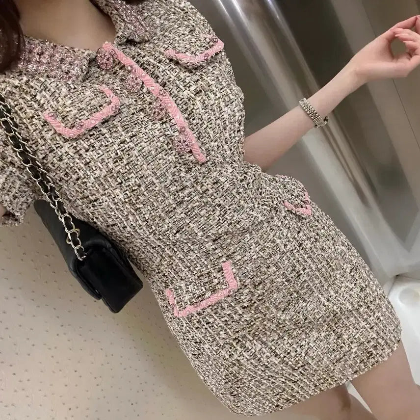 [SOLD OUT] 셀포 핑크 트위드 펄 큐빅 미니 원피스