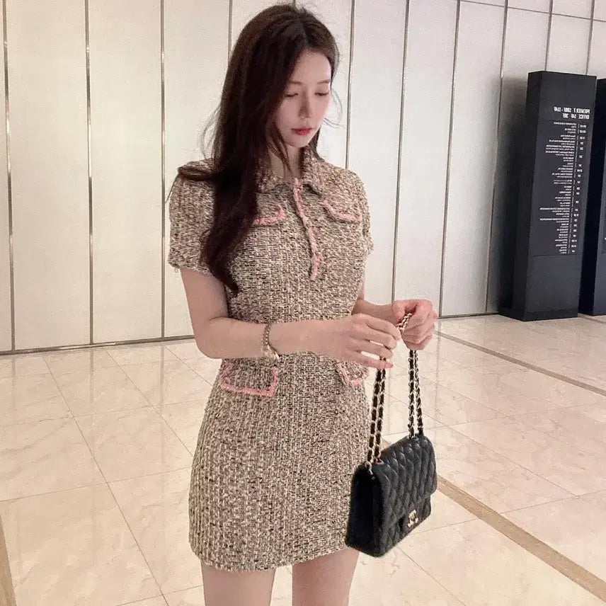[SOLD OUT] 셀포 핑크 트위드 펄 큐빅 미니 원피스