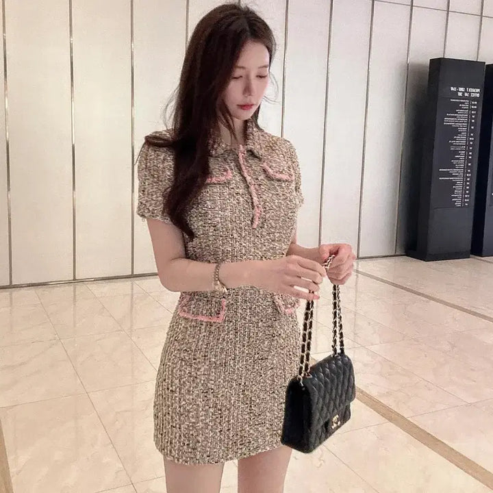 [SOLD OUT] 셀포 핑크 트위드 펄 큐빅 미니 원피스