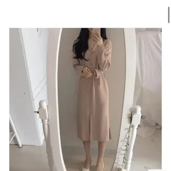 [BUNJANG] Brown Long Shirt Dress with Belt / 브라운 롱 셔츠 원피스 벨트 세트 새거