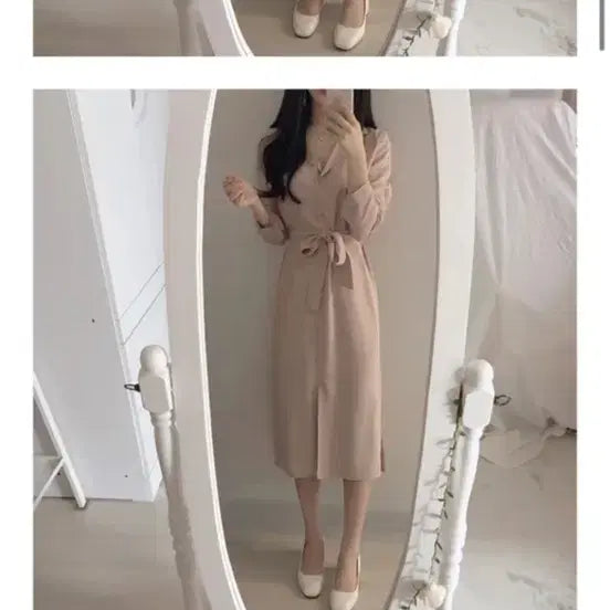 [BUNJANG] Brown Long Shirt Dress with Belt / 브라운 롱 셔츠 원피스 벨트 세트 새거