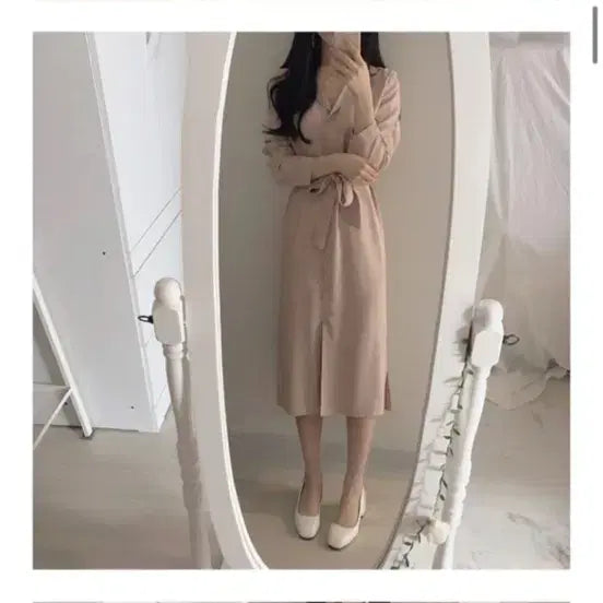 [BUNJANG] Brown Long Shirt Dress with Belt / 브라운 롱 셔츠 원피스 벨트 세트 새거