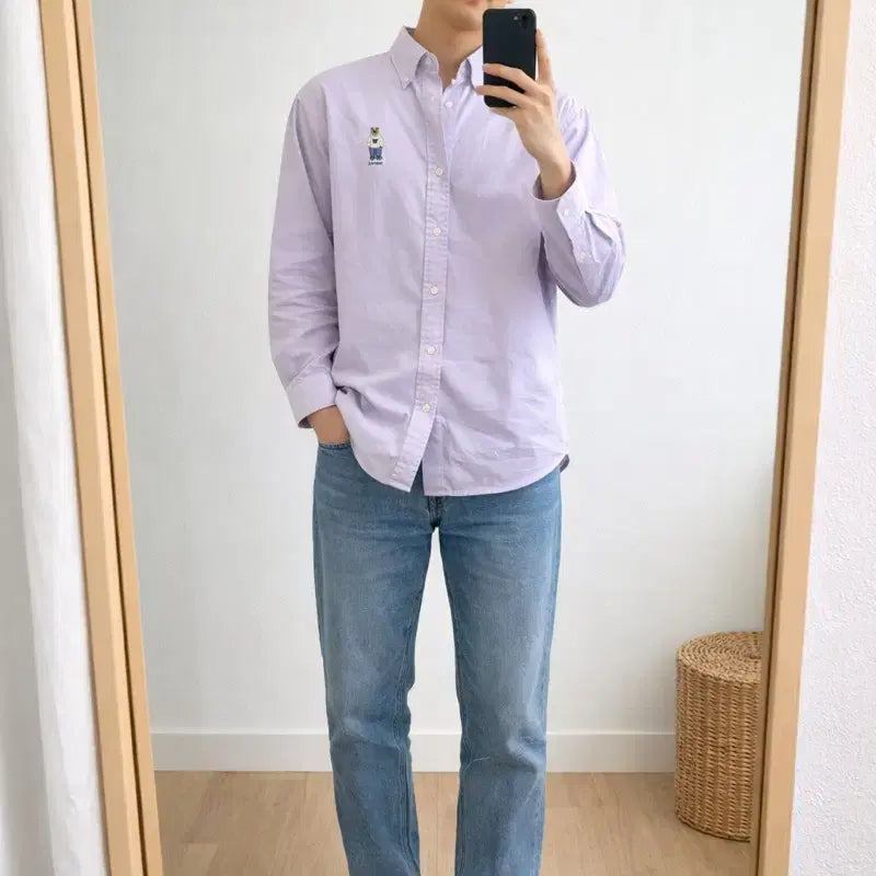 [BUNJANG] Who.A.U Bear Embroidered Light Purple Shirt / 후아유 베어 자수 라이트퍼플 셔츠 루즈핏 남성 M/데일리 캐주얼