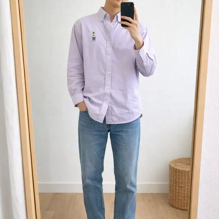 [BUNJANG] Who.A.U Bear Embroidered Light Purple Shirt / 후아유 베어 자수 라이트퍼플 셔츠 루즈핏 남성 M/데일리 캐주얼