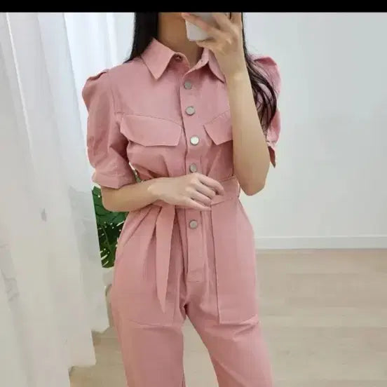 [BUNJANG] Pink Jumpsuit with Belt / 핑크 컬러 셔츠 점프수트 벨트 세트 새거
