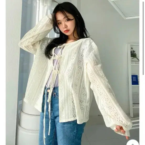 [BUNJANG] Lace Punching Ribbon Cardigan / 레이스 펀칭리본가디건 새거